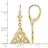 Gold-toned lever-back earrings with triangular Celtic knot pendants, shown next to a ruler measuring approximately one inch in length.