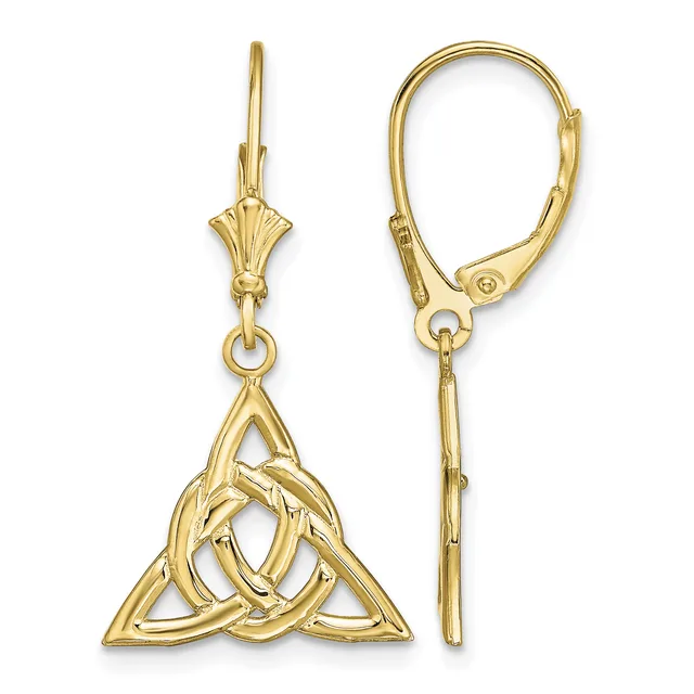 Pair of gold-colored leverback earrings with interlocking triangular Celtic knot pendants, shown from front and side views.