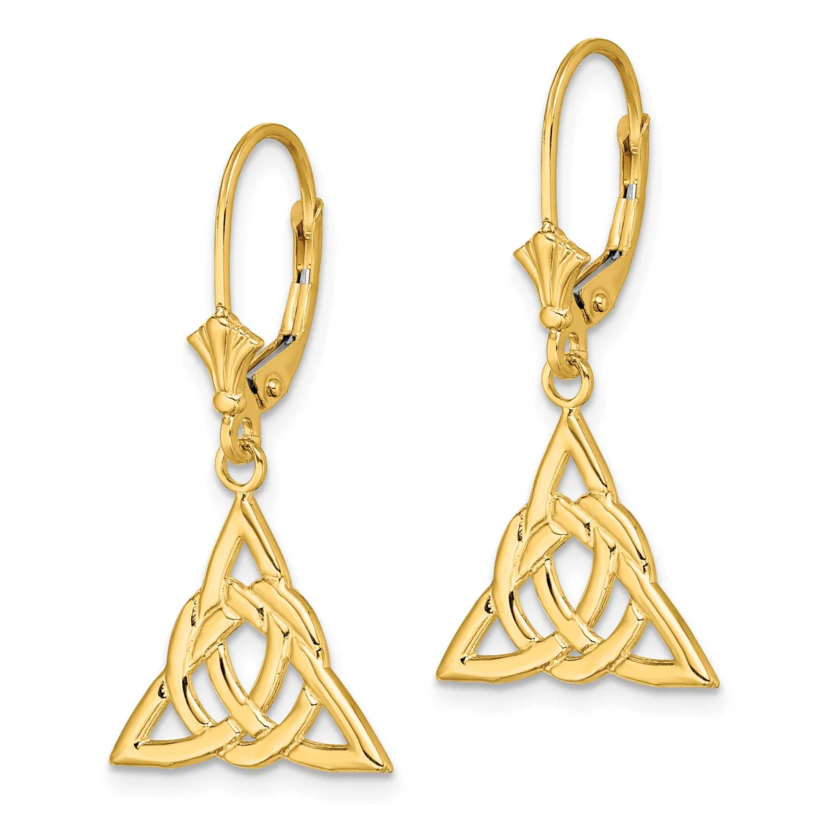 Pair of gold-toned lever-back earrings with interlocking triangular Celtic knot pendants.