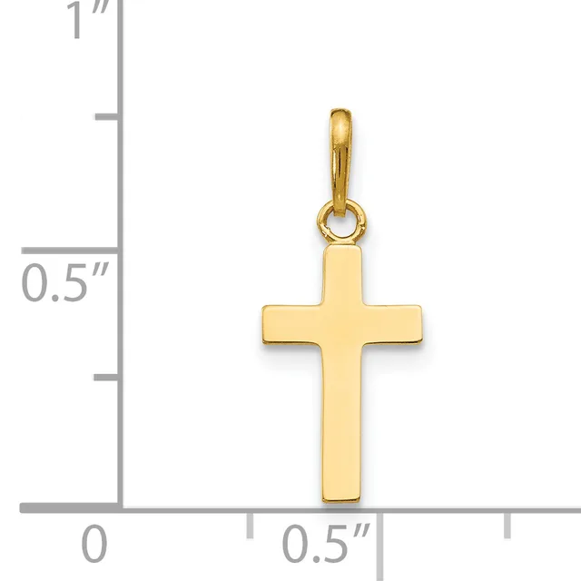 Gold-toned cross pendant with rounded edges and a small loop at the top, shown next to a ruler indicating its size is approximately 0.5 inches wide by 1 inch tall.