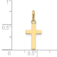 Gold-toned cross pendant with rounded edges and a small loop at the top, shown next to a ruler indicating its size is approximately 0.5 inches wide by 1 inch tall.