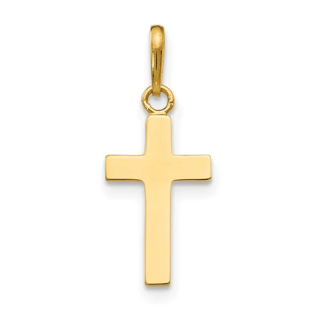 A polished gold cross pendant with a rounded bail loop at the top, displayed against a white background.