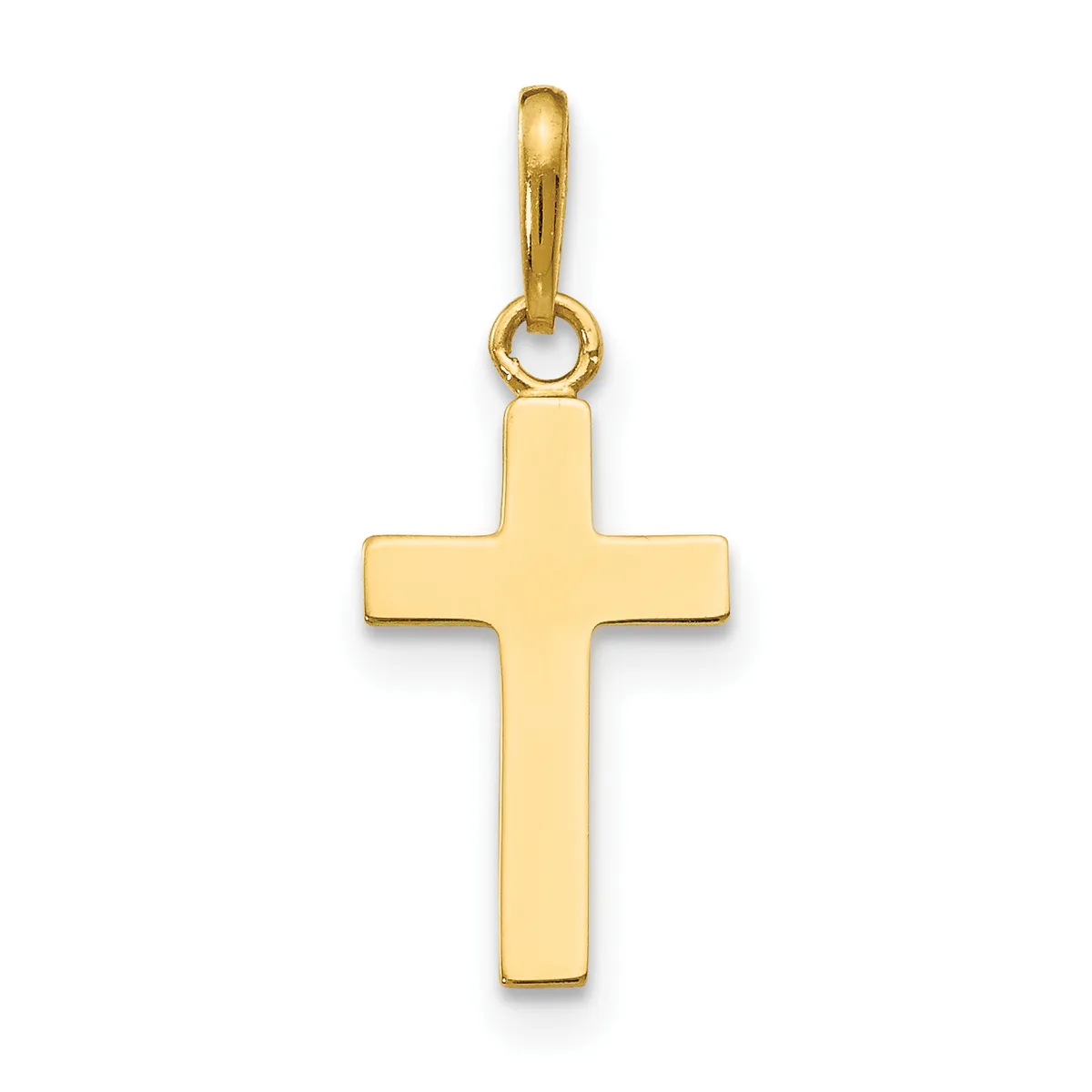 A polished gold cross pendant with a rounded bail loop at the top, displayed against a white background.