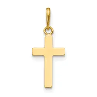 A polished gold cross pendant with a rounded bail loop at the top, displayed against a white background.