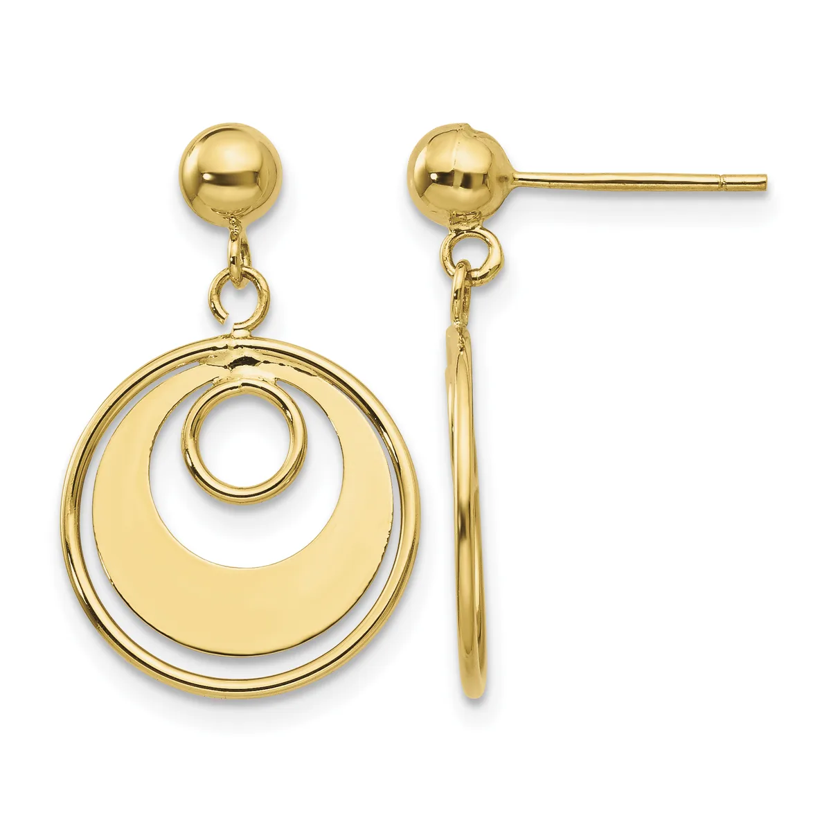 Pair of gold dangle earrings with ball studs and concentric circular drops featuring nested rings and polished finish, shown from front and side views.