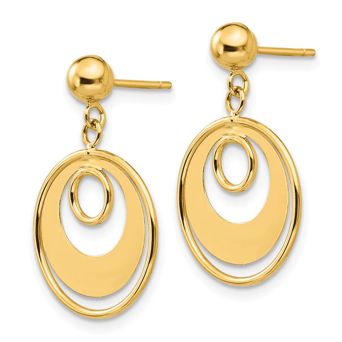Pair of gold dangle earrings with ball studs and nested oval shapes suspended from small chain links.