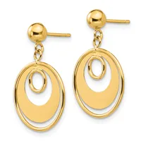 Pair of gold dangle earrings with ball studs and nested oval shapes suspended from small chain links.