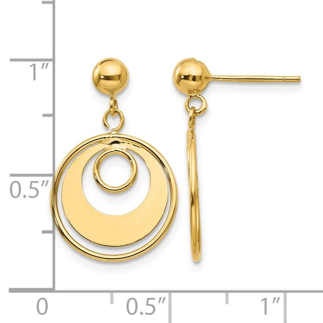 Gold ball stud earrings with double concentric circle pendants, shown next to a ruler for scale.
