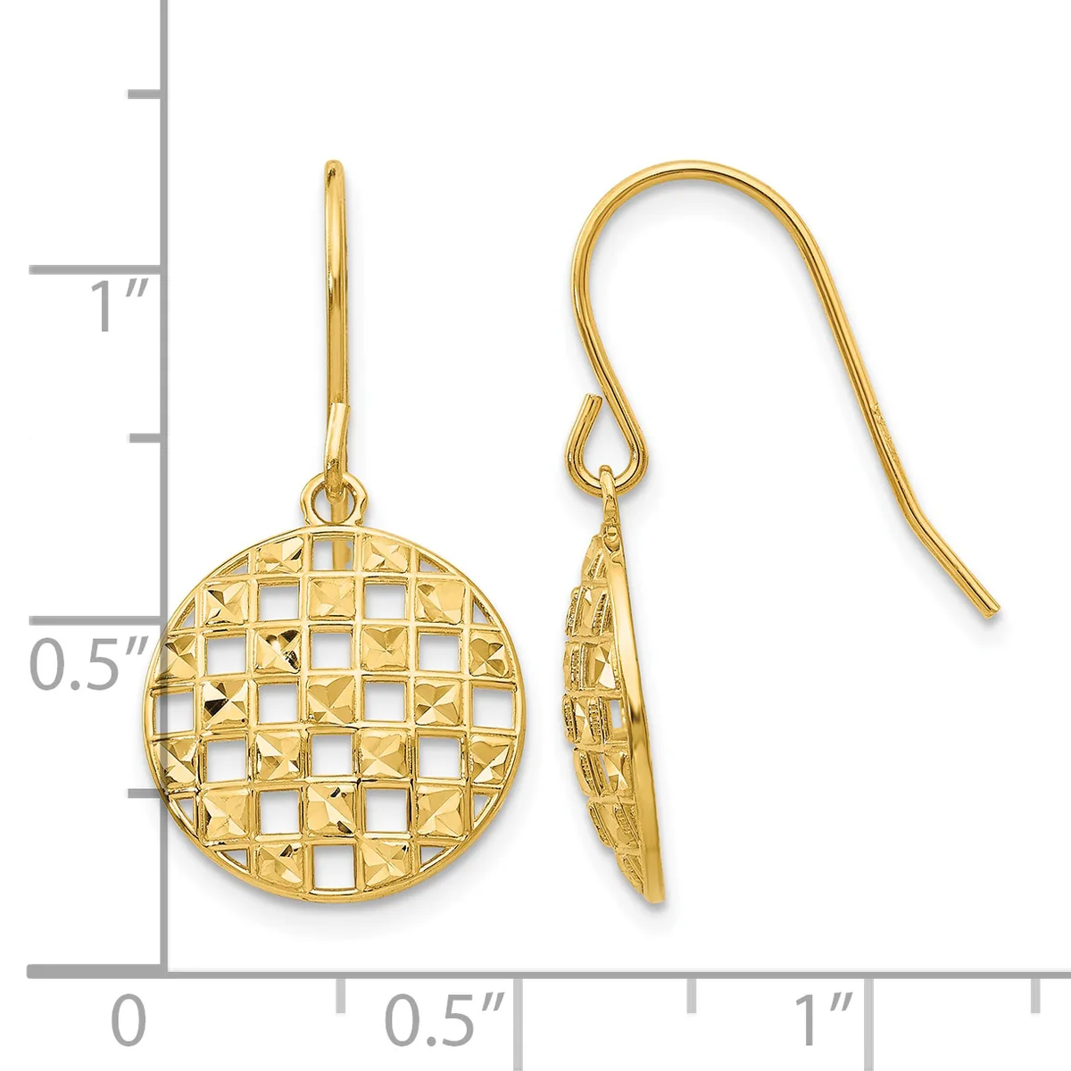 Pair of gold-toned drop earrings with circular lattice-patterned discs suspended from curved fish-hook wires, shown against a measurement scale.