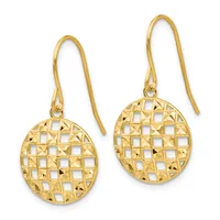 Pair of gold-colored drop earrings with oval lattice-patterned pendants hanging from curved wire hooks.