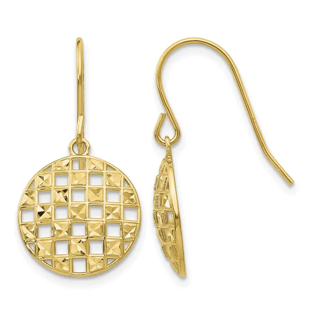 Pair of gold-toned lattice-patterned circular dangle earrings with fish hook closures, shown from front and side views.