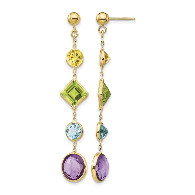Pair of gold dangle earrings with yellow citrine, green peridot, blue topaz, and purple amethyst gemstones arranged vertically.