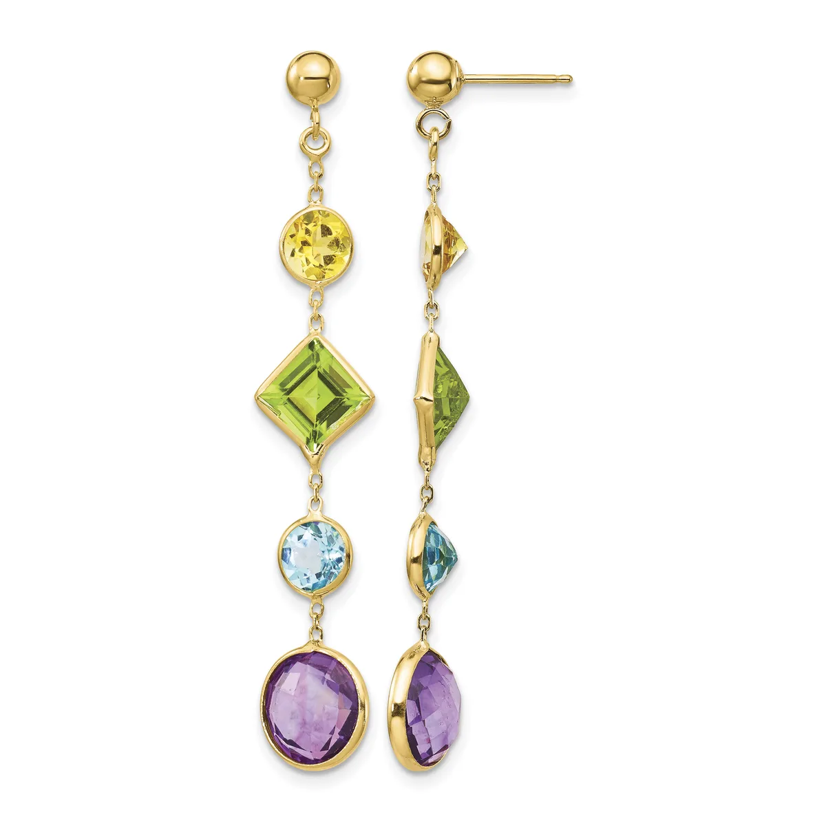 Pair of gold dangle earrings with yellow citrine, green peridot, blue topaz, and purple amethyst gemstones arranged vertically.
