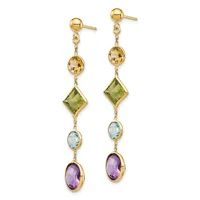 A pair of gold dangle earrings featuring stacked gemstones in yellow, green, light blue, and purple, suspended from gold ball studs.