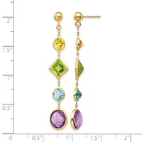 A pair of gold drop earrings with stud tops, each featuring a yellow gemstone, green square stone, blue stone, and purple oval stone arranged vertically, shown against a measurement scale.