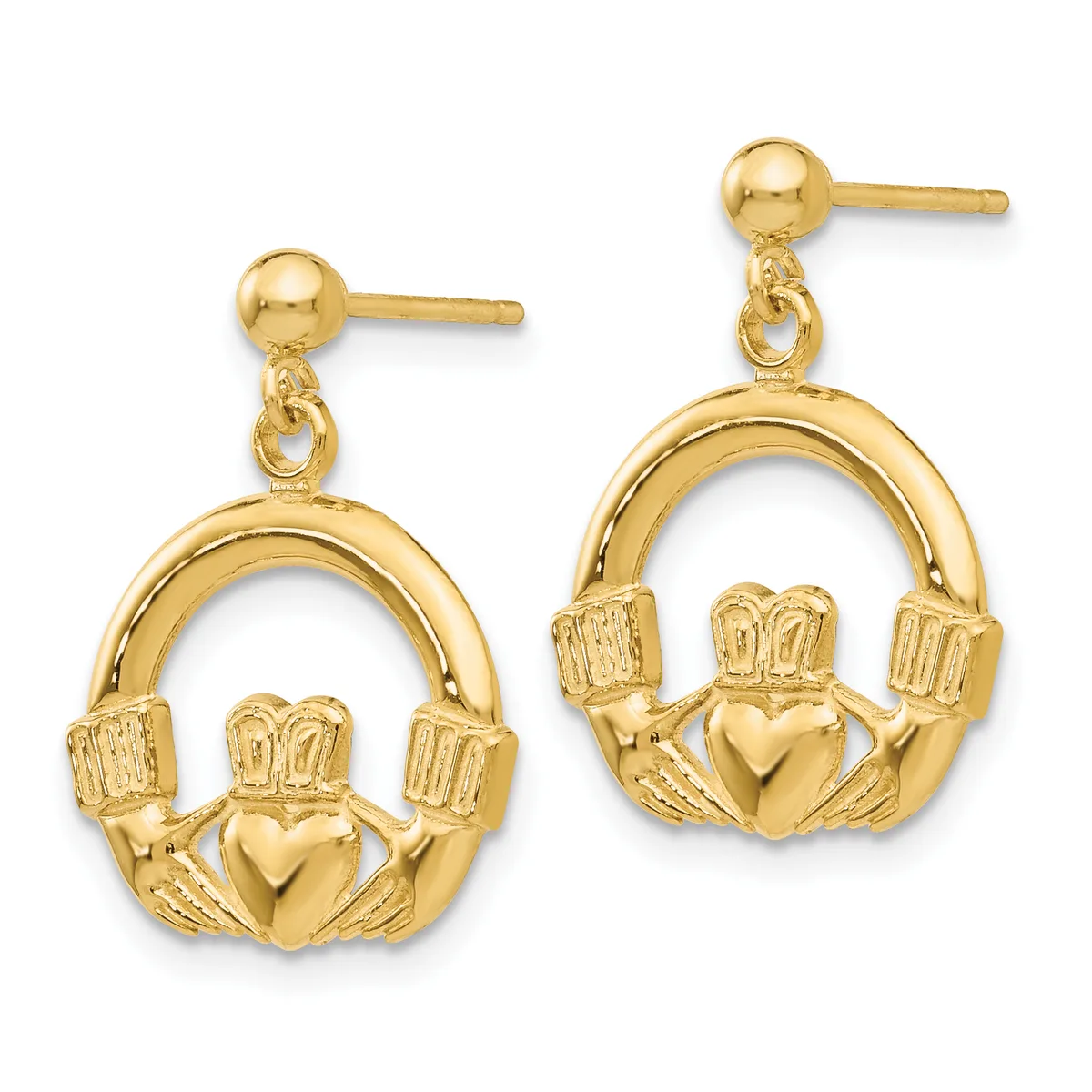 Pair of gold Claddagh dangle earrings with stud posts, featuring interlocked hands holding a heart topped with a crown.
