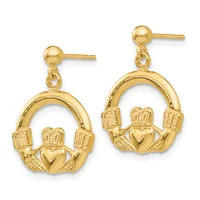 Pair of gold Claddagh dangle earrings with stud posts, featuring interlocked hands holding a heart topped with a crown.