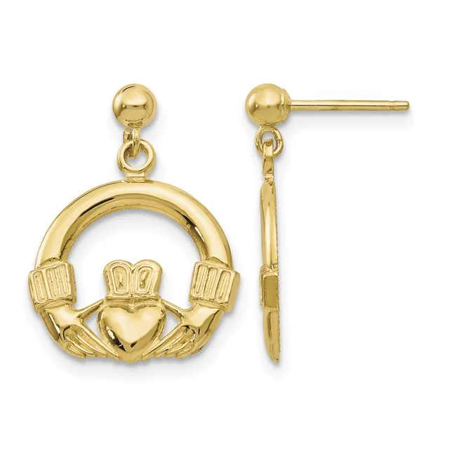A pair of gold Claddagh drop earrings with ball studs, featuring linked hands and a crowned heart symbol, shown from front and side views.