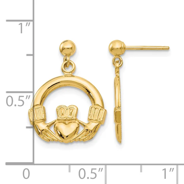 Pair of gold-colored claddagh earrings with ball studs, shown front and side view against a measurement scale.