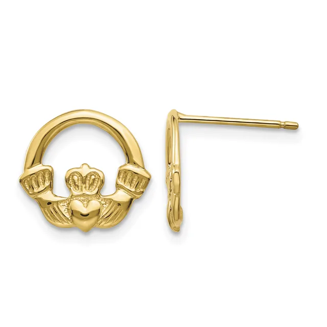 Pair of gold Claddagh stud earrings shown from front and side views, featuring a heart held by two hands with a crown on top.