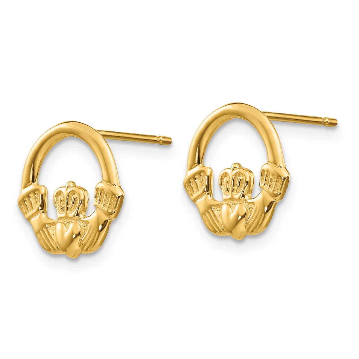 Pair of gold Claddagh stud earrings with polished finish, featuring hands, heart, and crown motifs, shown from front view.