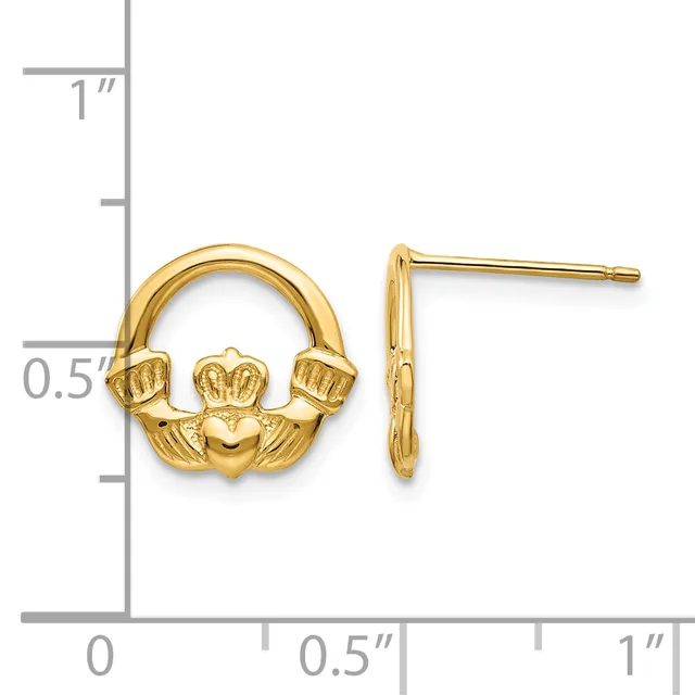 A pair of gold Claddagh earrings with heart and hands motif, shown front and side view next to a measurement ruler.
