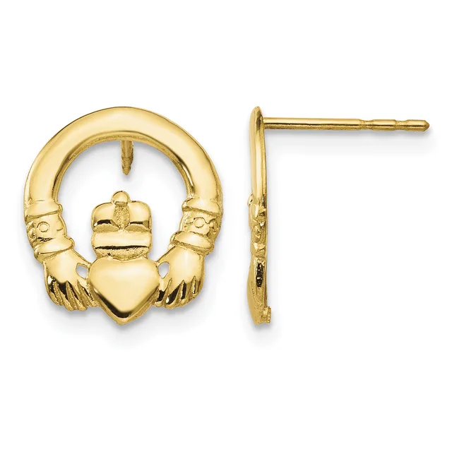 Pair of gold Claddagh stud earrings shown from front and side views, featuring a heart held by two hands beneath a crown.
