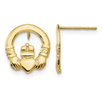 Pair of gold Claddagh stud earrings shown from front and side views, featuring a heart held by two hands beneath a crown.