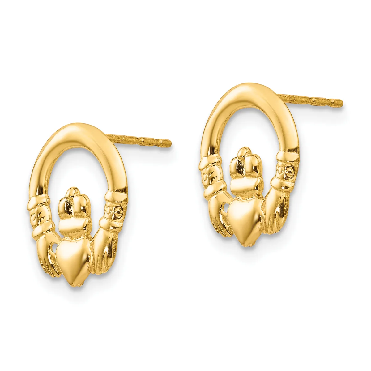 Pair of gold claddagh stud earrings featuring interlocking hands holding a heart, shown from the front on a white background.
