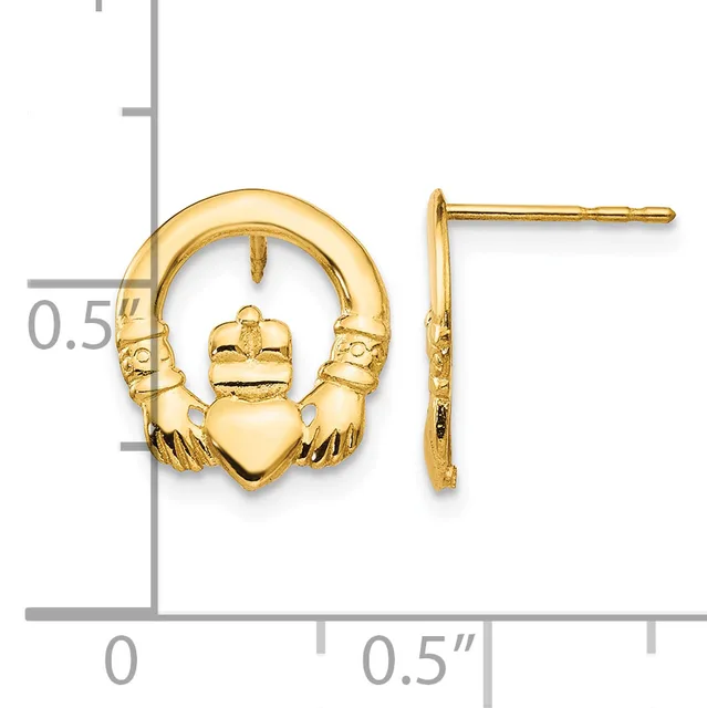 Gold claddagh stud earrings shown from front and side view next to a measurement scale indicating approximately half-inch diameter.