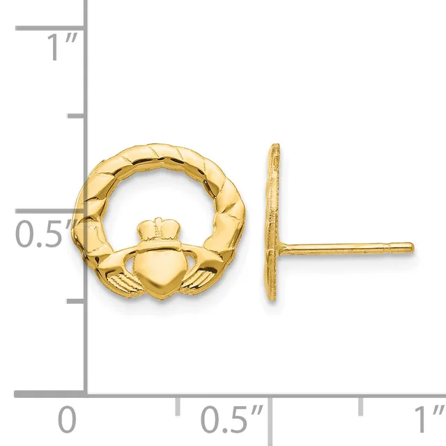Gold claddagh stud earrings displayed against a ruler showing approximately half-inch diameter, with a straight post and flat backing visible.