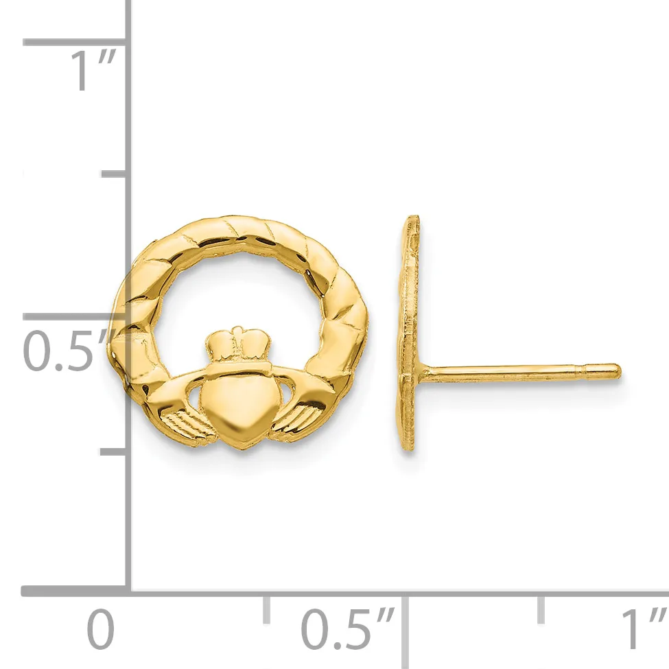 Gold claddagh stud earrings displayed against a ruler showing approximately half-inch diameter, with a straight post and flat backing visible.