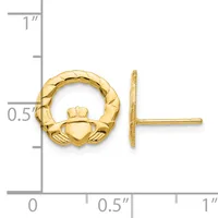Gold claddagh stud earrings displayed against a ruler showing approximately half-inch diameter, with a straight post and flat backing visible.