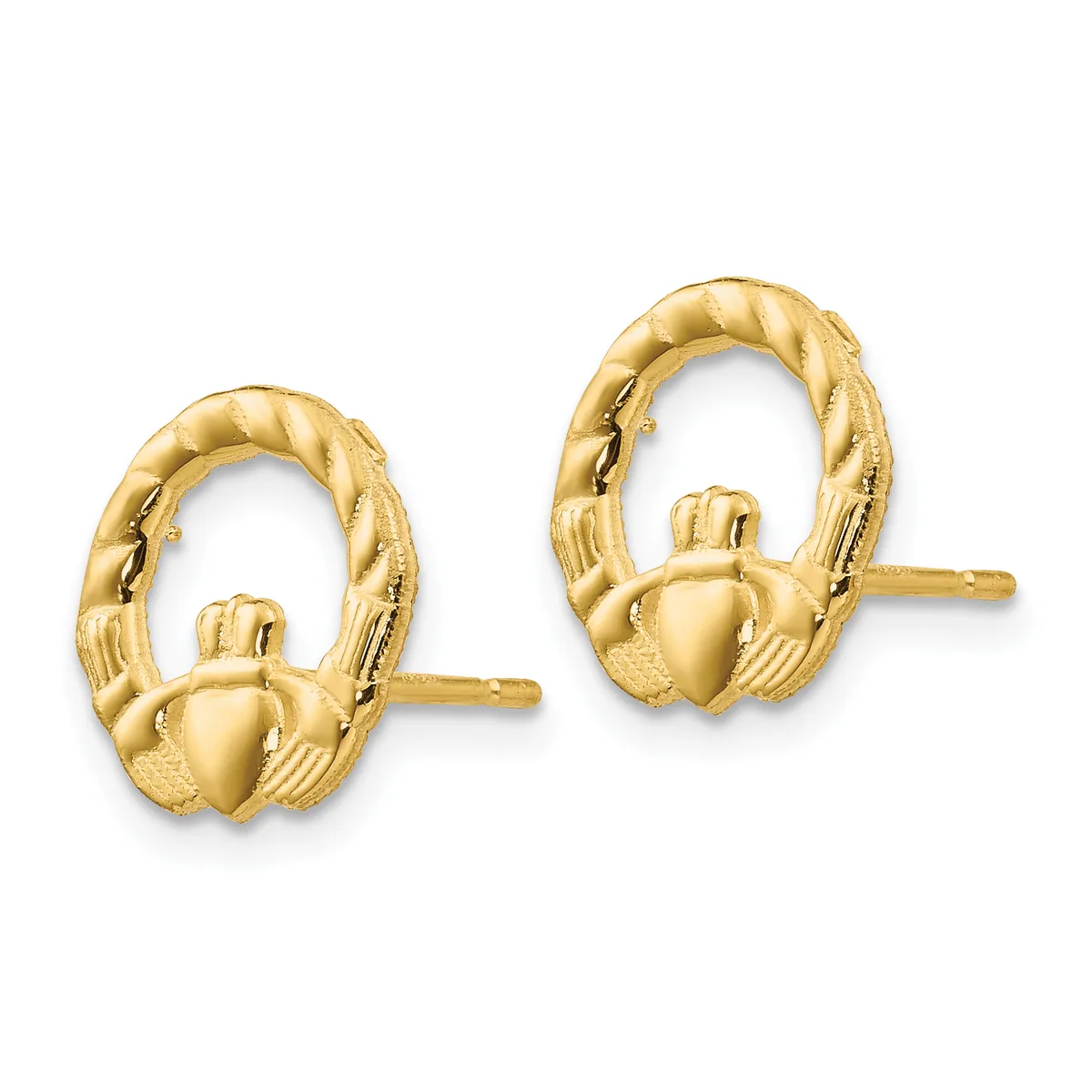 A pair of gold claddagh stud earrings with twisted rope-textured oval frames and heart-shaped centers with hands and crown details, shown against a white background.