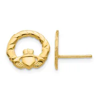 A pair of gold Claddagh stud earrings shown from front and side views, each featuring a heart with a crown and two hands.