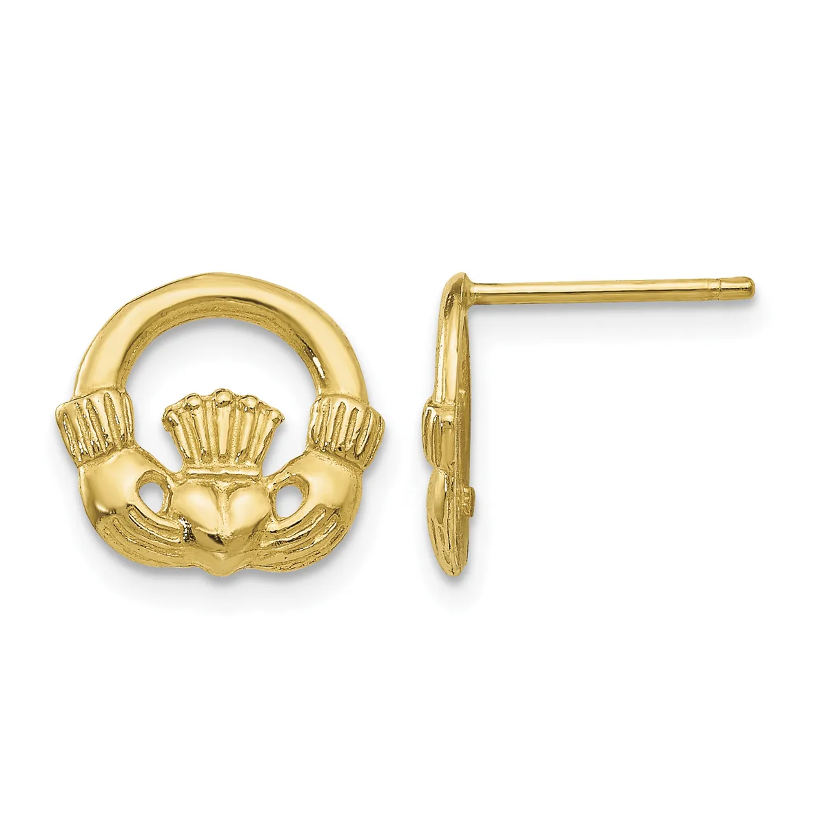 Gold claddagh stud earrings shown from front and side views, featuring heart and crown design with hands.