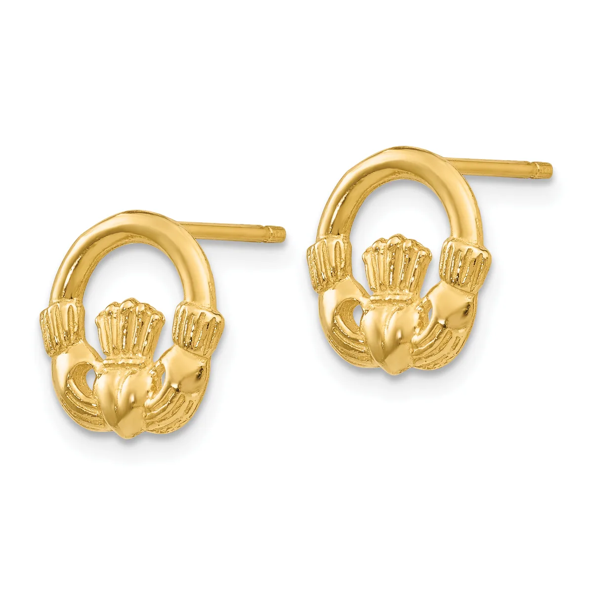 A pair of gold stud earrings featuring Claddagh design with interlocking hands holding a crowned heart, displayed against a white background.