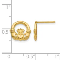 Gold claddagh stud earrings shown next to a ruler measuring approximately 0.5 inches in height.