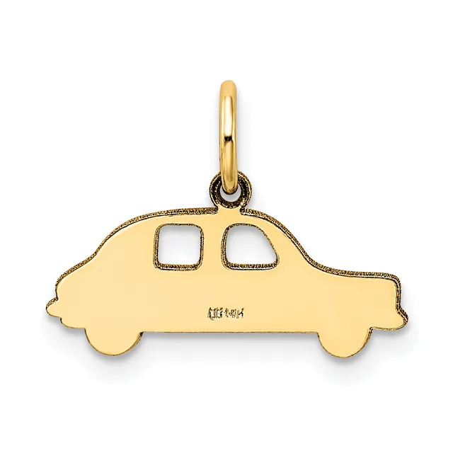 A gold car-shaped pendant with two square window cutouts and a small stamped hallmark on its body, suspended from a gold loop bail.