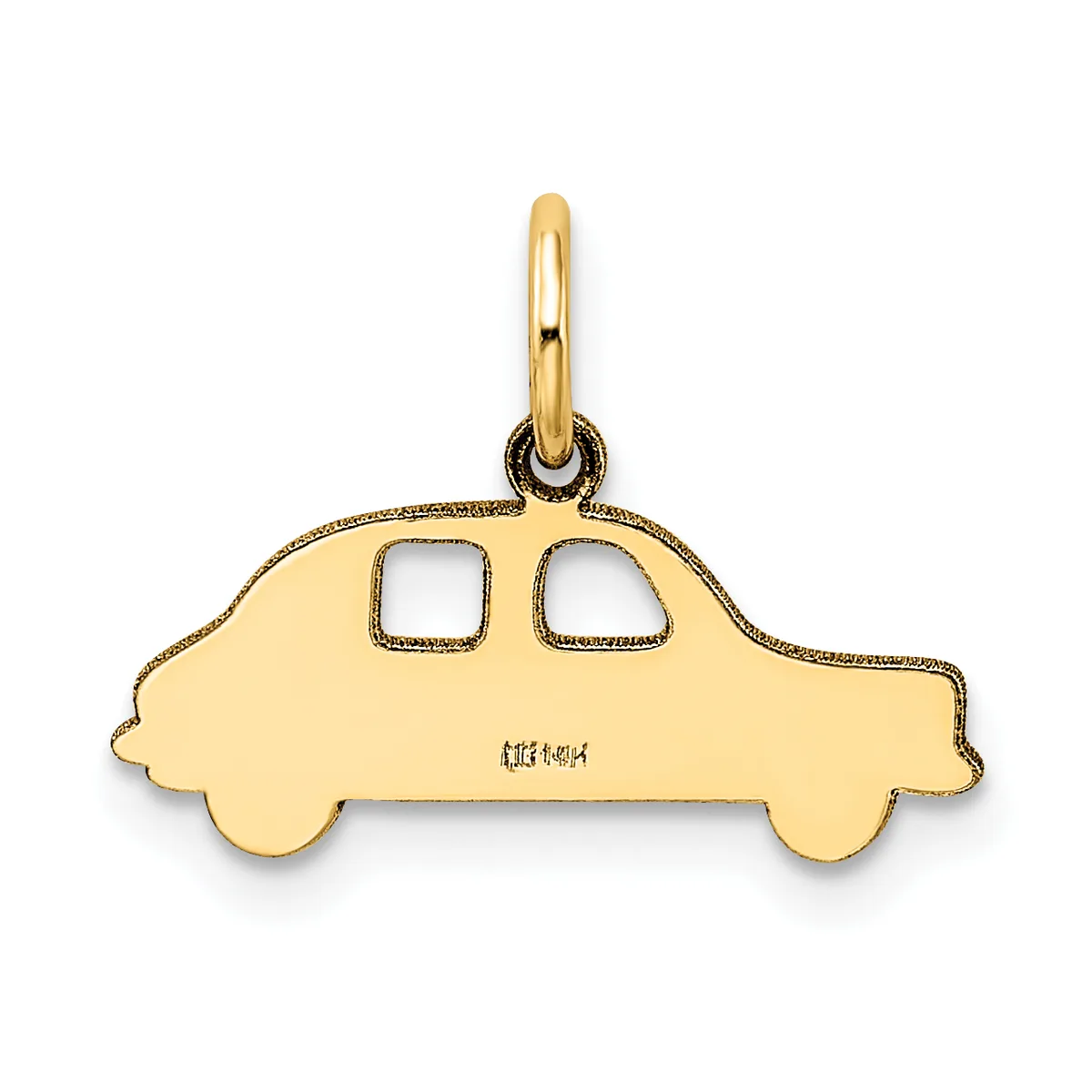 A gold car-shaped pendant with two square window cutouts and a small stamped hallmark on its body, suspended from a gold loop bail.