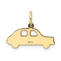 A gold car-shaped pendant with two square window cutouts and a small stamped hallmark on its body, suspended from a gold loop bail.