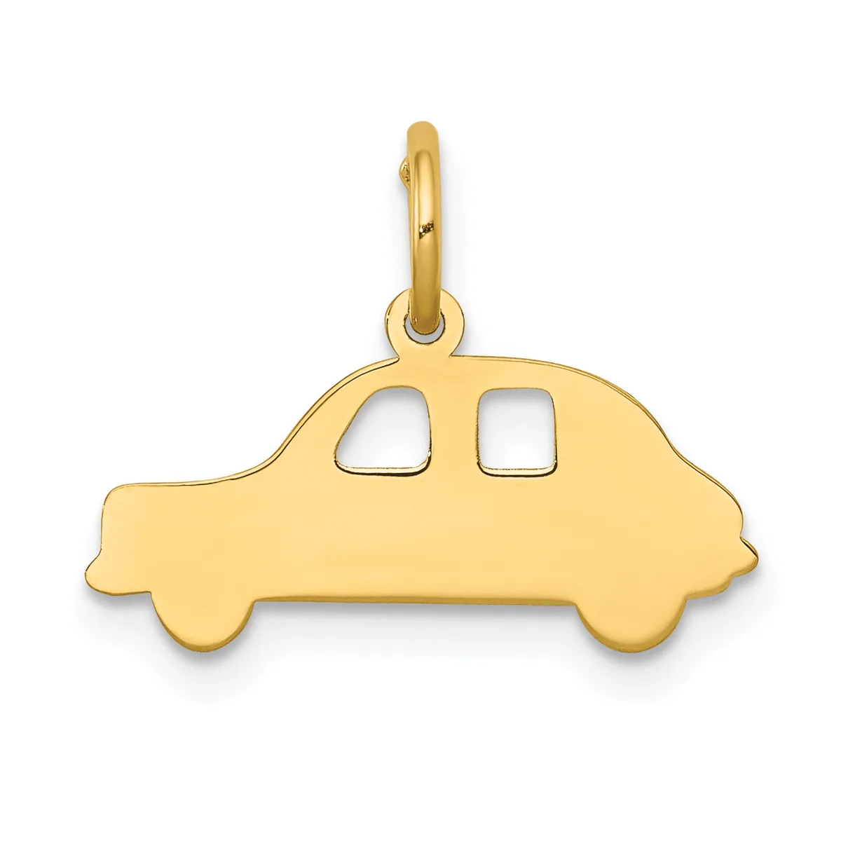 A gold car-shaped pendant with two square windows and rounded bumpers, suspended from a small bail loop at the top.