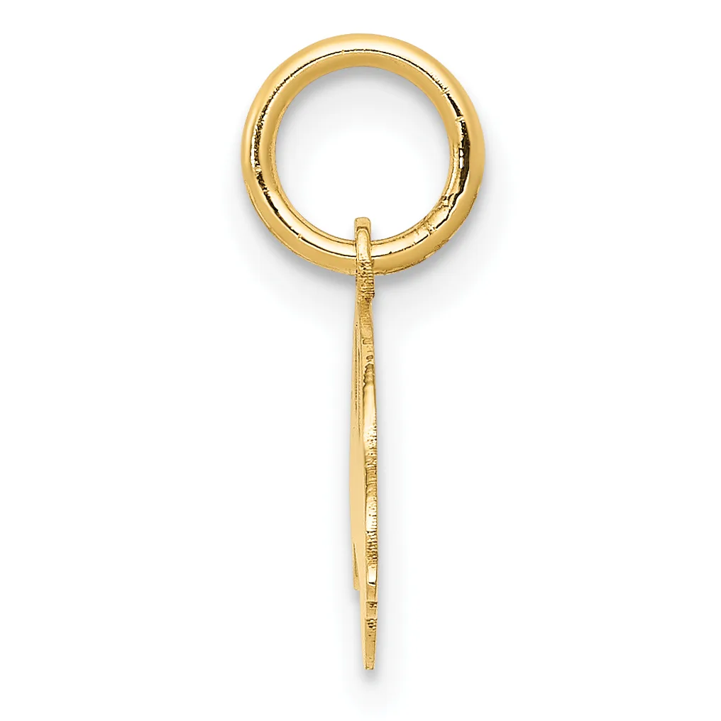 A gold charm holder with a circular loop at the top and an elongated pointed stem hanging below against a white background.