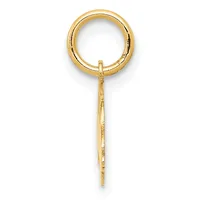 A gold charm holder with a circular loop at the top and an elongated pointed stem hanging below against a white background.