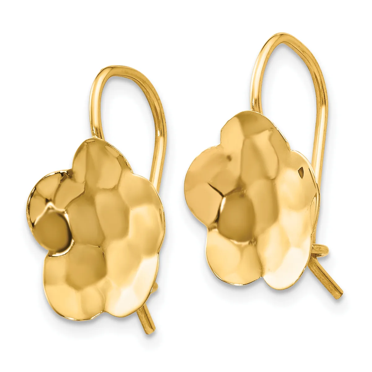 Pair of gold flower-shaped drop earrings with petaled designs and curved wire hooks, shown from front and back views.