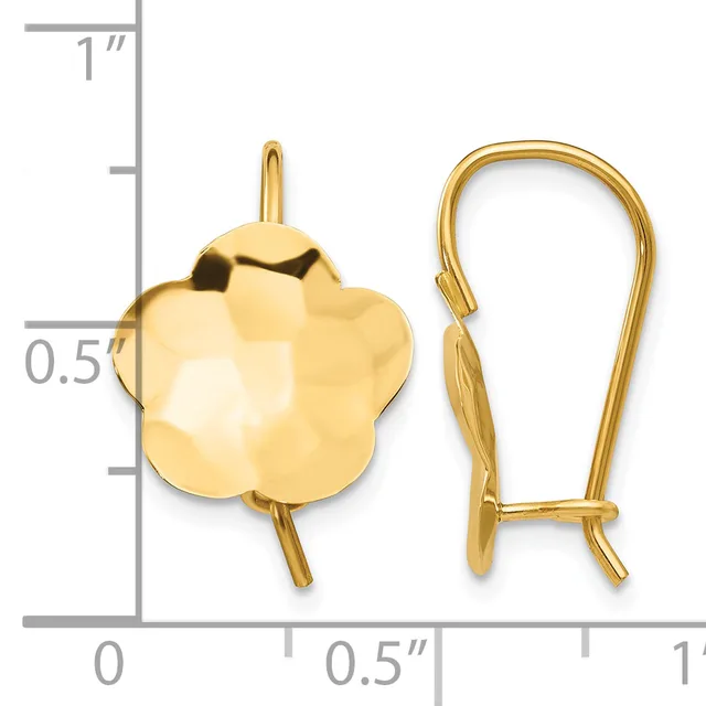 Gold-toned flower-shaped earring with faceted surface and matching curved hook earwire, shown against a measurement scale.