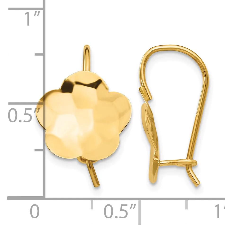 Gold-toned flower-shaped earring with faceted surface and matching curved hook earwire, shown against a measurement scale.