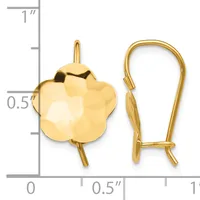 Gold-toned flower-shaped earring with faceted surface and matching curved hook earwire, shown against a measurement scale.
