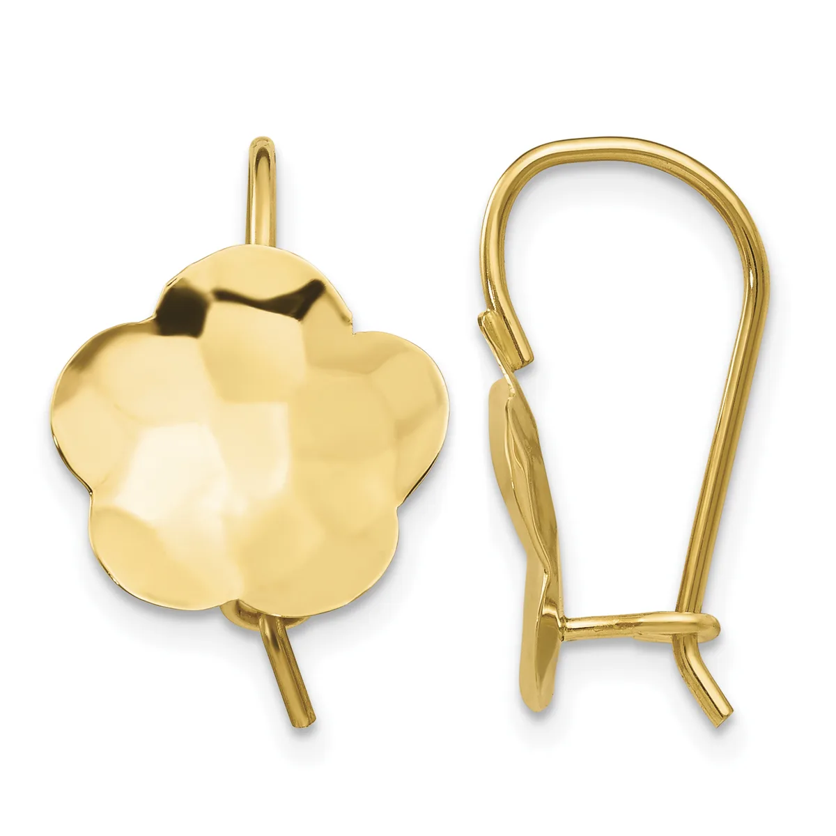 Pair of gold-toned flower-shaped earrings with faceted petals and hook-style ear wires, shown from front and side views.