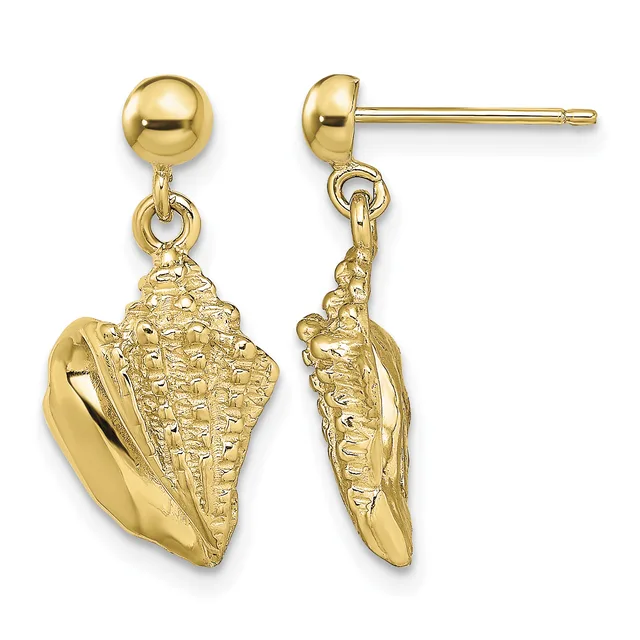 Pair of gold dangle earrings with polished ball studs and textured conch shell charms, shown from front and back views.